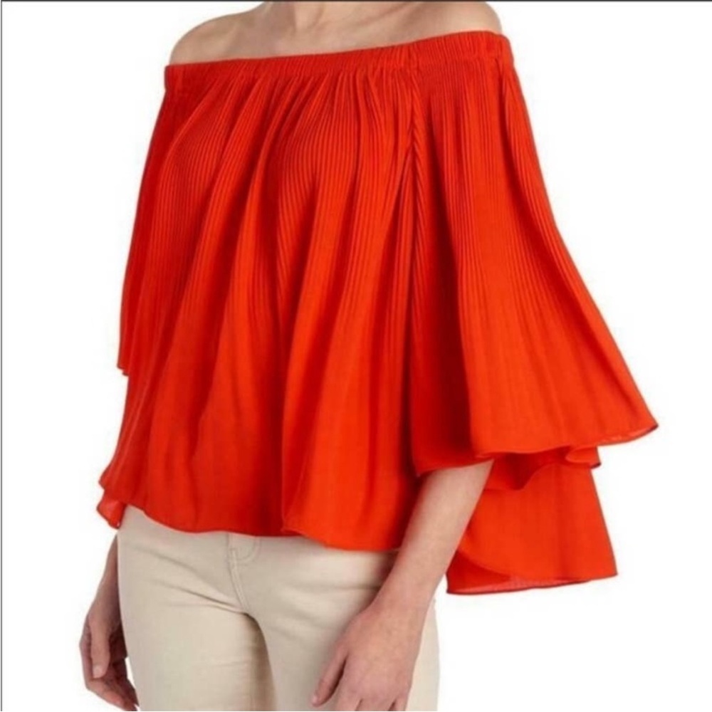 Vince Camuto Red Pleated Off Shoulder Blouse Flowy Boho Top Small